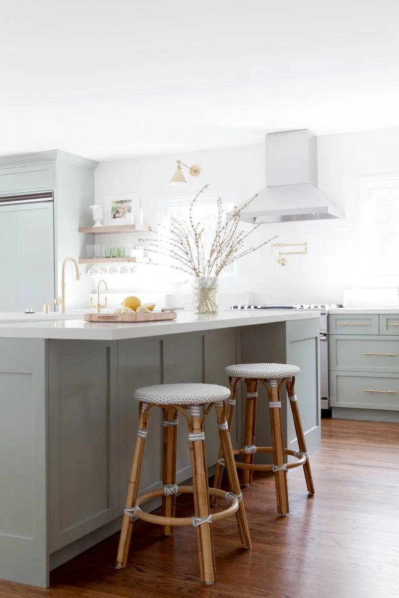 White Contemporary Kitchen With Gray Cabinets & Island