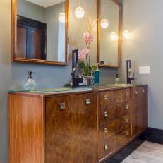 Double Vanity Features Vintage Maple Cabinets