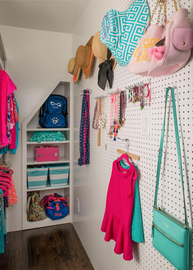 Tween Girl Closet With Organized Pegboard Wall Tween Girl Closet With Organized Pegboard Wall