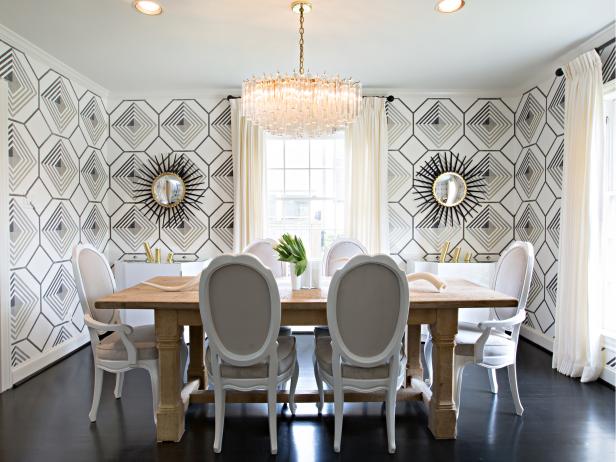Fashionable Dining Room With Graphic Black & White Wallpaper Fashionable Dining Room With Graphic Black & White Wallpaper