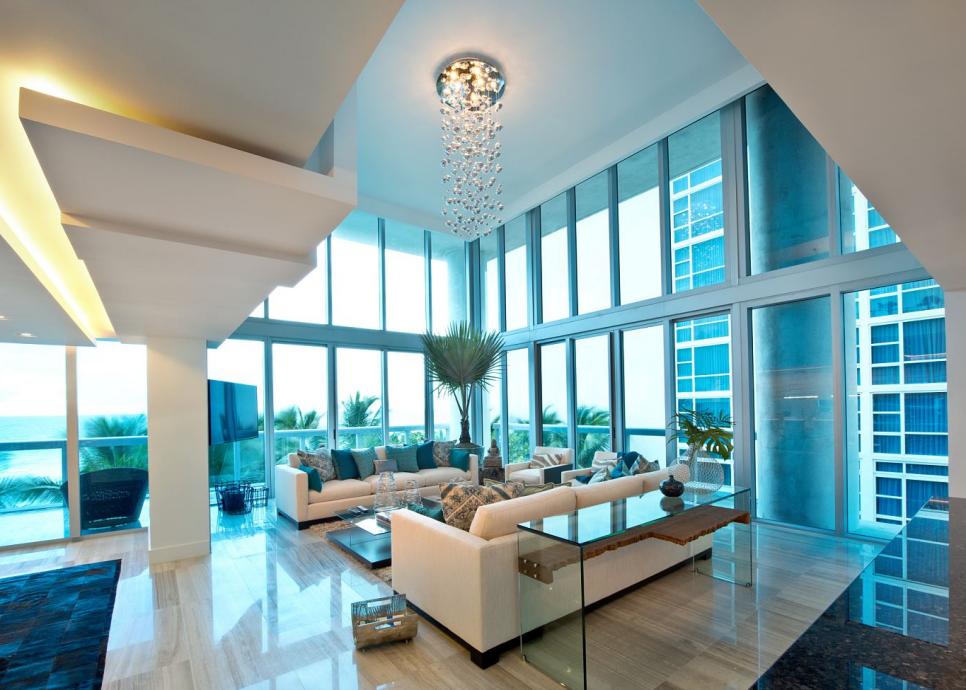 Contemporary Living Room With Rainfall Chandelier Neutral Living Room With Teal Accents and Rainfall Chandelier