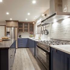Fresh Blue and White Kitchen With White Subway Tile Backsplash