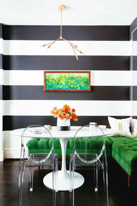 Bold Black and White Breakfast Nook With Thick Wall Stripes, Kelly Green L-Shaped Bench and Small Modern Dining Table Bold Black and White Breakfast Nook With Thick Wall Stripes, Kelly Green L-Shaped Bench and Small Modern Dining Table