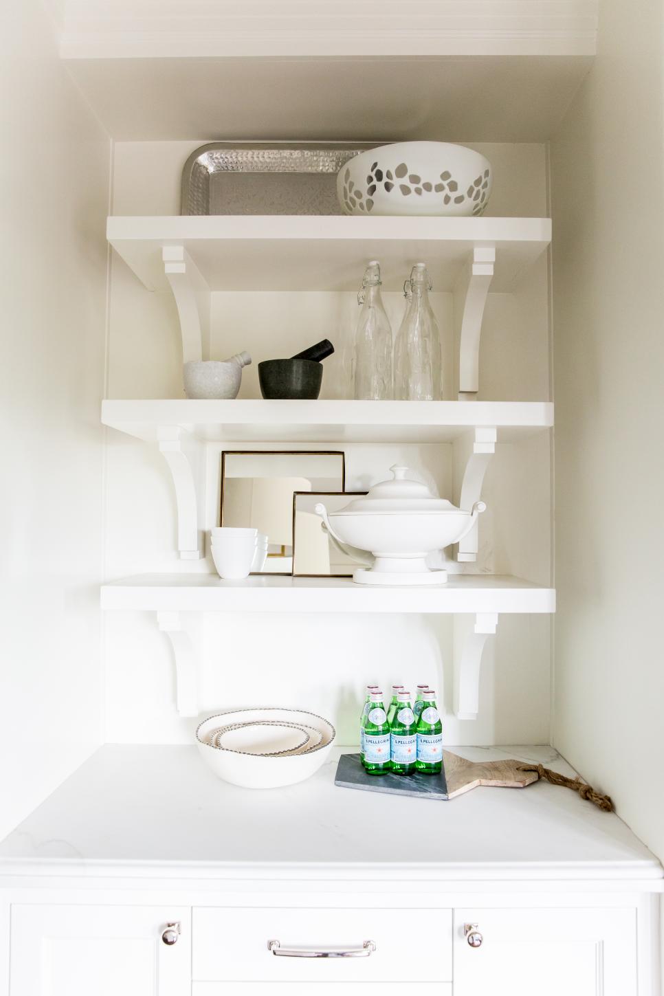 Mini Butler's Pantry White Shelves with Serving Pieces on Display