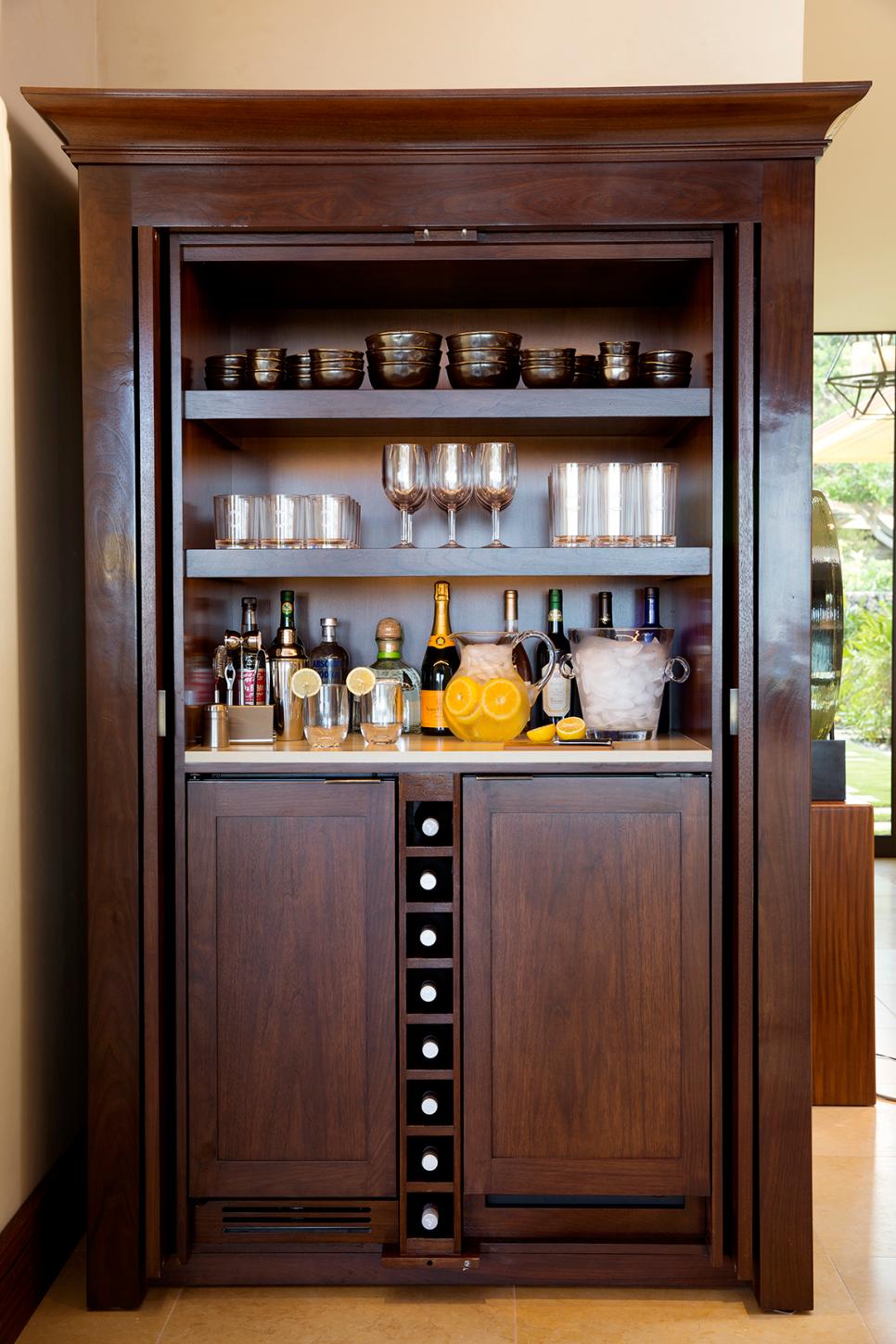 Classy Bar Cabinet With Wine Storage Brown Wood Bar Cabinet With Open Shelves