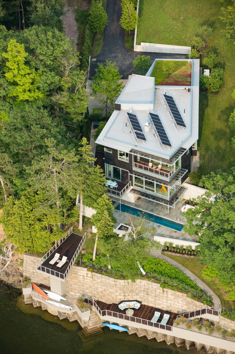 Overhead View of Contemporary Lakeside Home