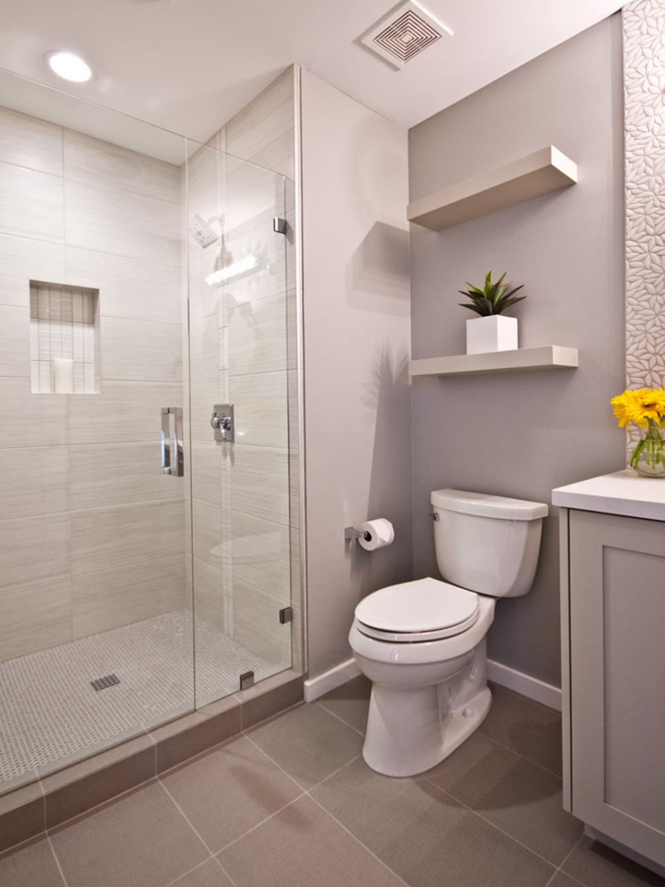 Contemporary Bathroom With Free Standing Shower Free Standing Shower and Floating Shelves in Bathroom