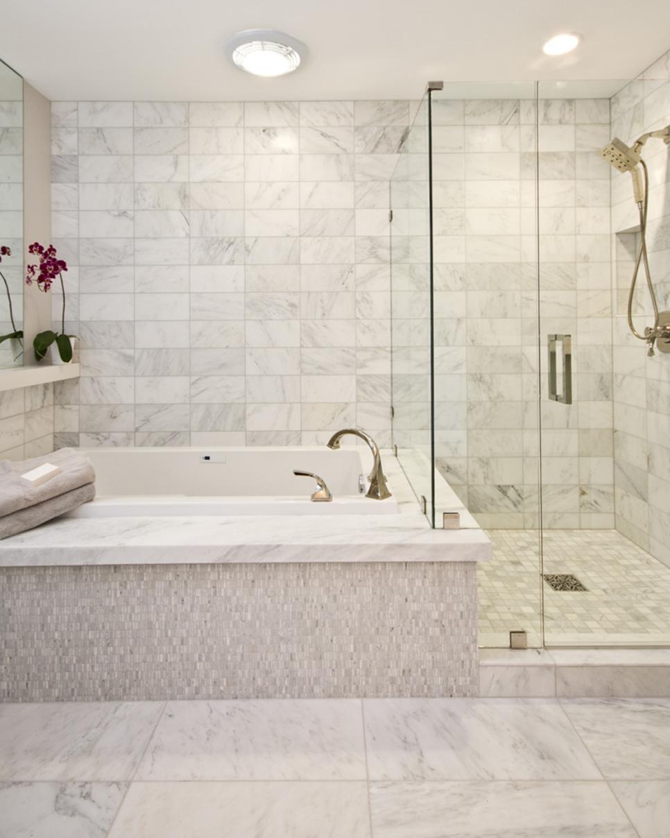 Free Standing Shower and Spa Tub in Bathroom With Recessed Lighting Marble Tile and Recessed Lighting in Bathroom