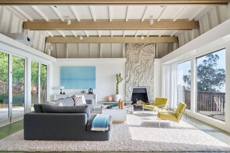 White Modern Living Room With Yellow Chairs & Gray Sectional