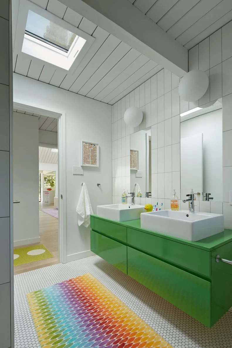 White Contemporary Bathroom With Green Vanity & Multicolor Rug