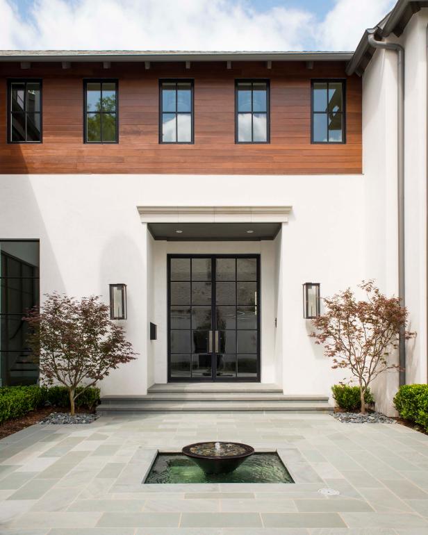 White and Wood Modern Exterior With Fountain White and Wood Modern Exterior With Fountain