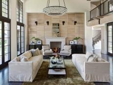 Neutral Transitional Living Room With French Doors
