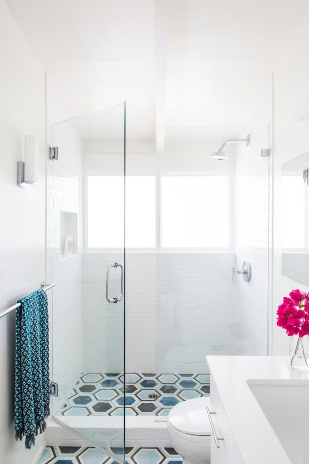 Updated Shower With Glass Door & White Subway Tile Updated Shower With Glass Door & White Subway Tile