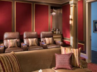 Traditional Home Theater With Red Acoustical Wall Panels