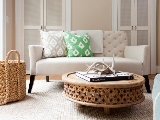 Chic Living Room with Rustic Carved Wood Coffee Table Chic Living Room with Rustic Carved Wood Coffee Table