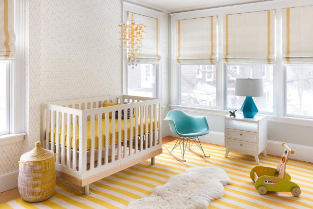 Midcentury Modern Nursery With Yellow Striped Rug, Eames Chair Midcentury Modern Nursery With Yellow Striped Rug, Eames Chair