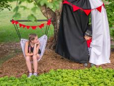 Little Boy and Girl with Hammock Swing and Tent