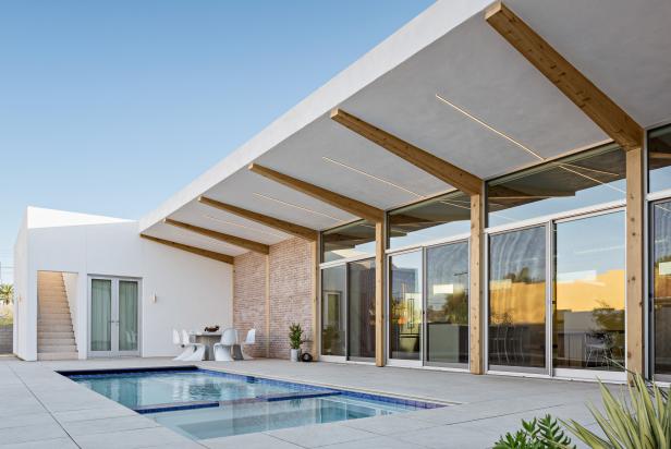 Modern Pool Area With Exposed Beam Overhang Modern Pool Area With Exposed Beam Overhang