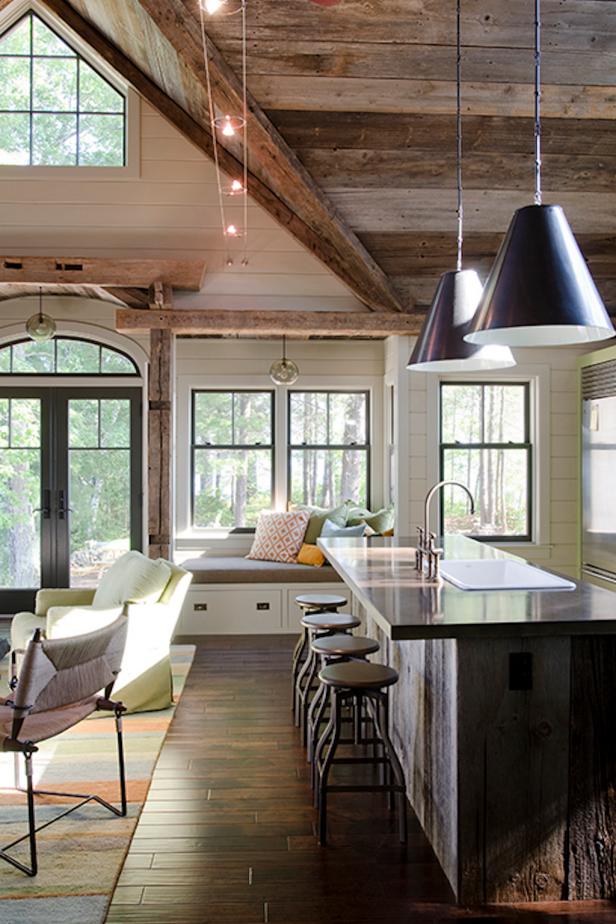 Lakeside Kitchen and Living Space Kitchen and Living Area With Barn Wood Ceiling & Reclaimed Beams