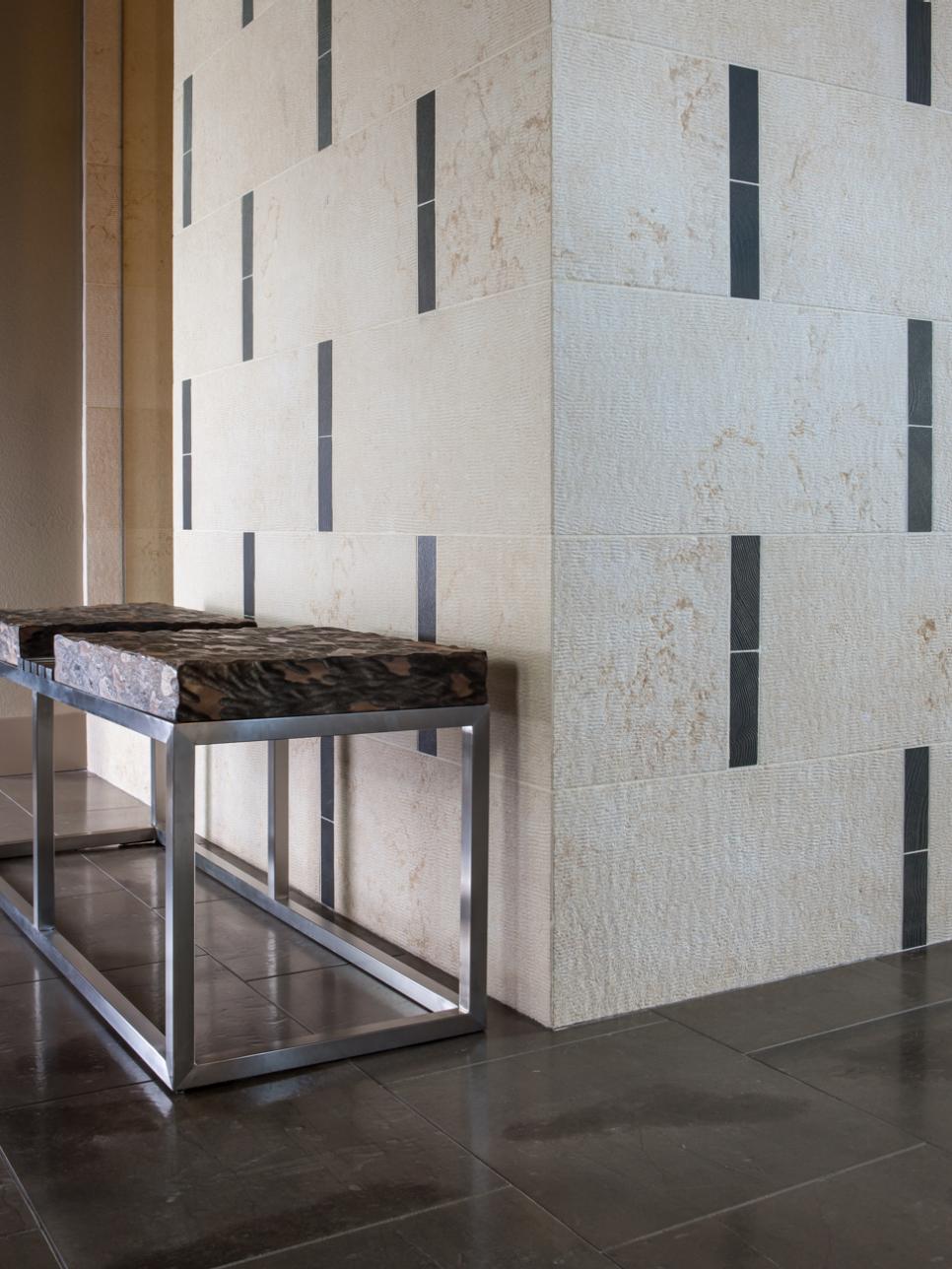 Mod Shower With Bench & Tiled Wall Modern Shower With Metal Bench Topped With Brown Stone