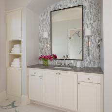 arched bathroom vanity with vertical tile backsplash gray countertop and lampshade sconces - Vertical Tile Backsplash arched bathroom vanity with vertical tile backsplash gray countertop and lampshade sconces - Vertical Tile Backsplash