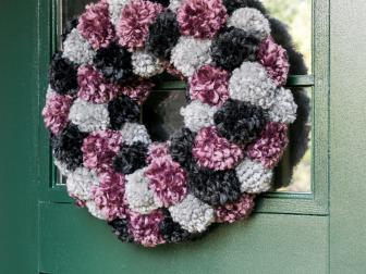 Textural Pom-Pom Wreath on Green Front Door