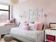 Girl's Bedroom with Pink Plaid Wallpaper and Daybed with Throw Pillows