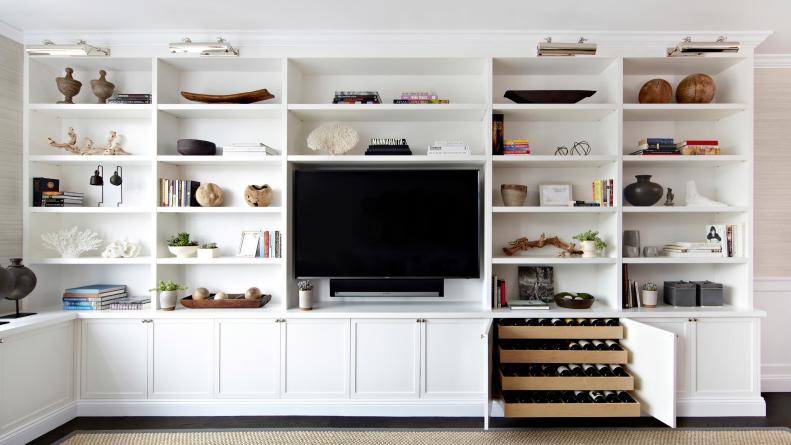 Built in Shelves and Media Center with Wine Rack