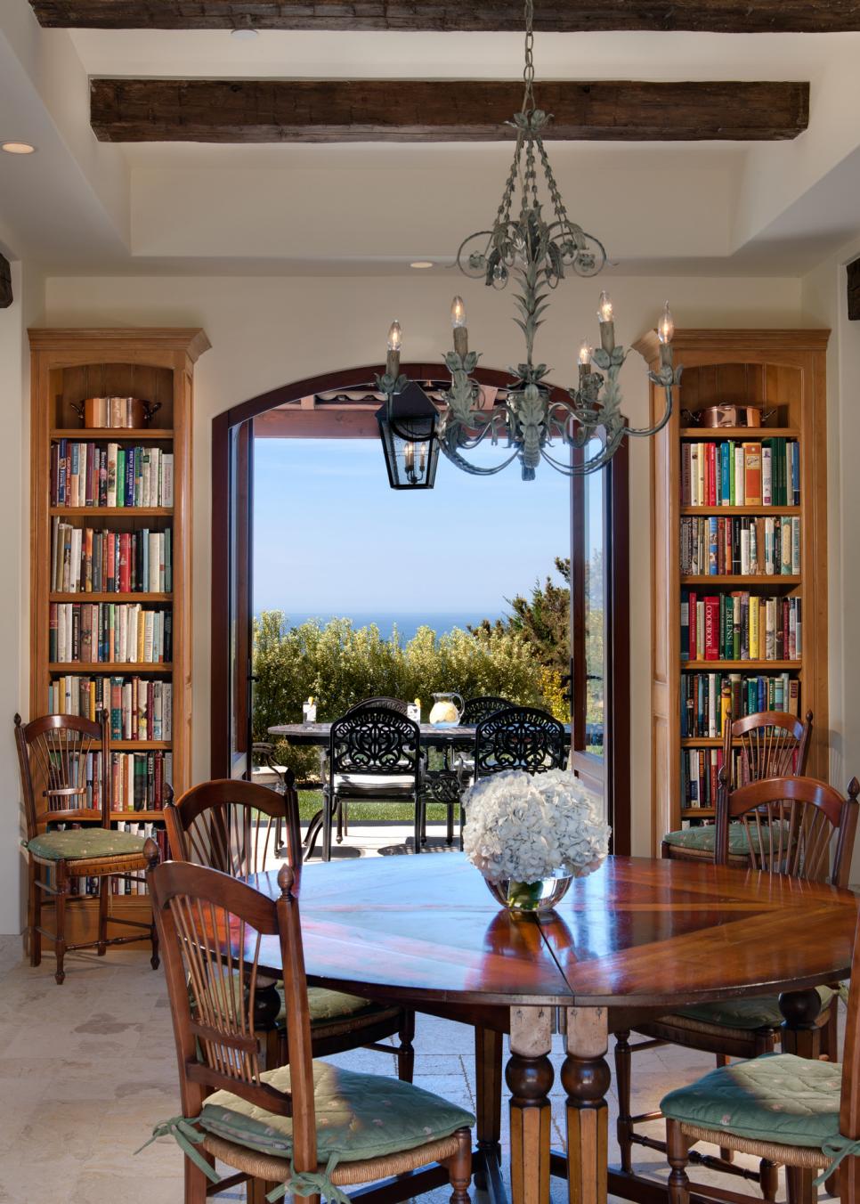 French Country Dining Room is Open, Sophisticated French Country Dining Room With Exposed Wood Beams