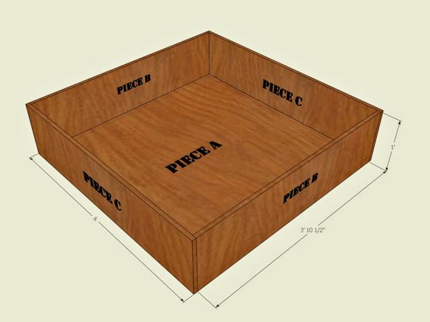 Lay piece A on the ground, and glue and nail two B pieces to opposite sides of piece A from the outside of the box. Piece B should not be resting on piece A. Wipe away any glue drips on plywood face while glue is still wet.