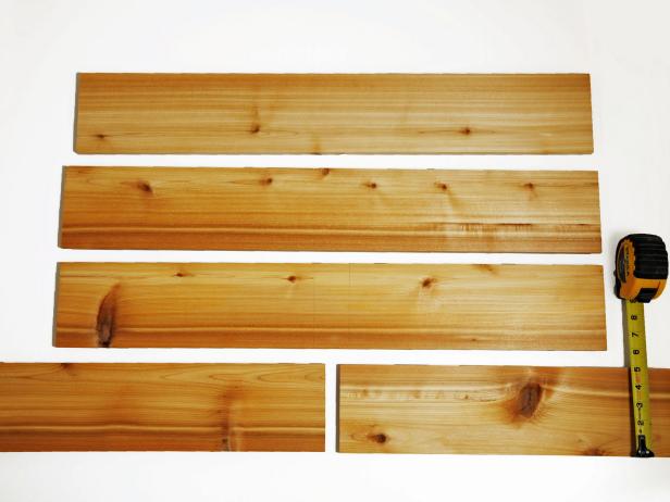 Cut all cedar boards to 5" wide or the height of your interior dimensions of the drawer.