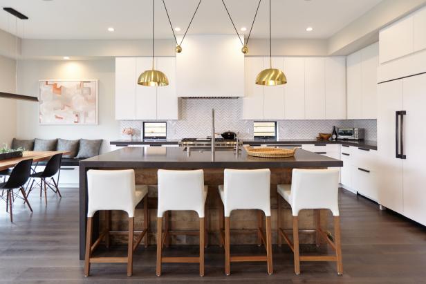 White Contemporary Open Plan Kitchen With Gold Pendants White Contemporary Open Plan Kitchen With Gold Pendants