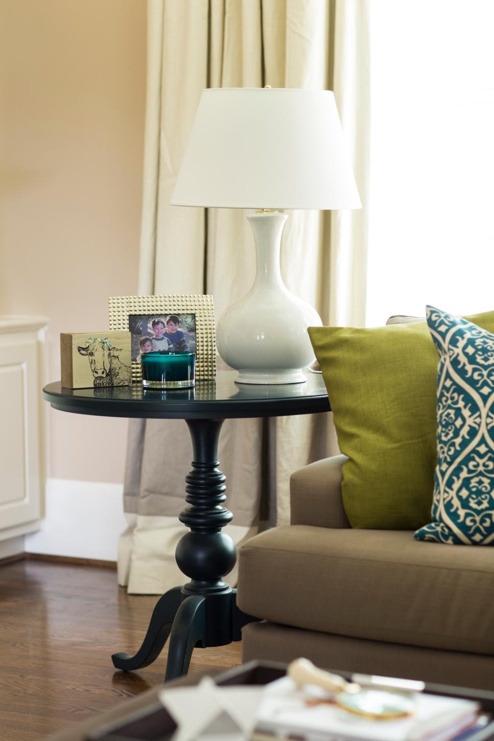Detail of Pedestal End Table Neutral Living Room With Black End Table and White Lamp