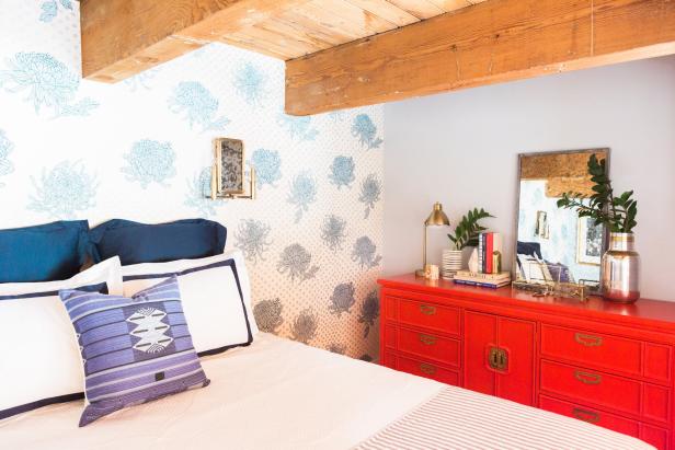 Eclectic Bedroom With Blue and White Floral Wallpaper Eclectic Bedroom With Blue and White Floral Wallpaper