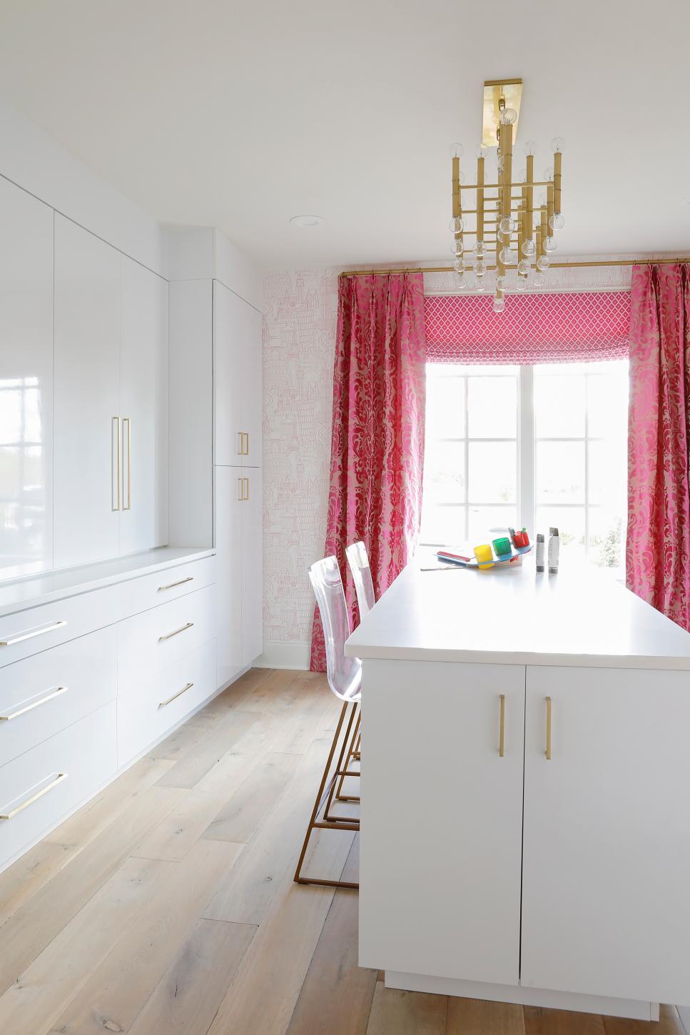 White Craft Room With Pink Curtains White and Pink Craft Room