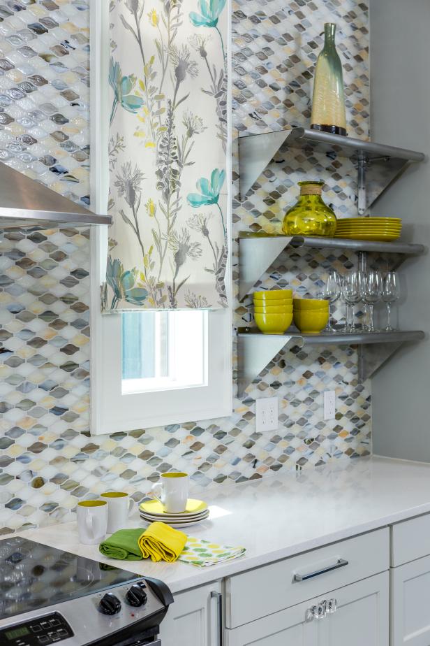 Eclectic Kitchen with Gray, Yellow and White Tile and Art Eclectic Kitchen with Gray, Yellow and White Tile and Art