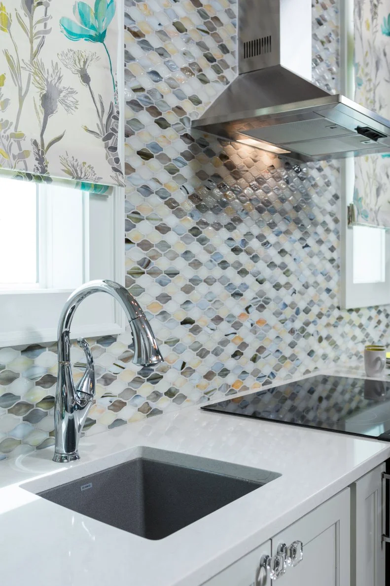 Interesting Tile Backsplash in a Bright Coastal Kitchen