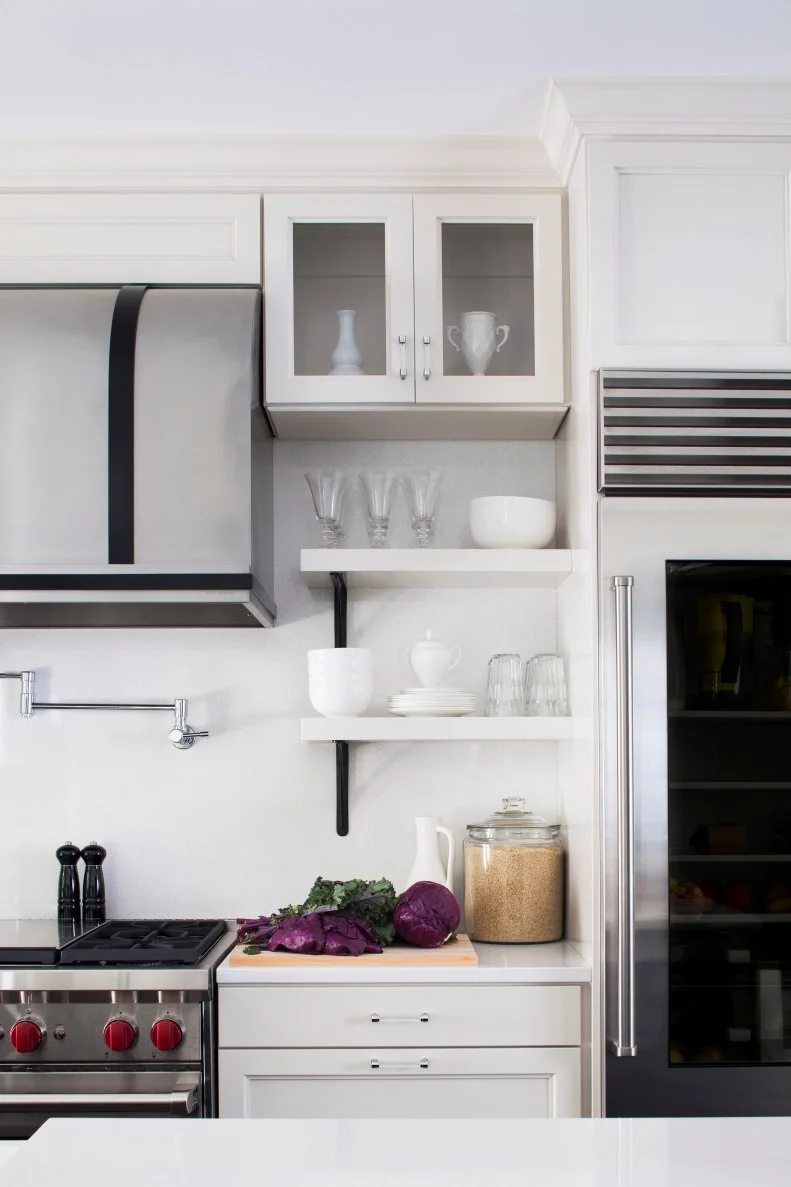 Modern Black and White Kitchen with Open Shelves
