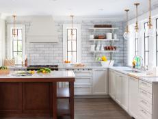 White Modern Kitchen with Tile Backsplash and Open Shelving
