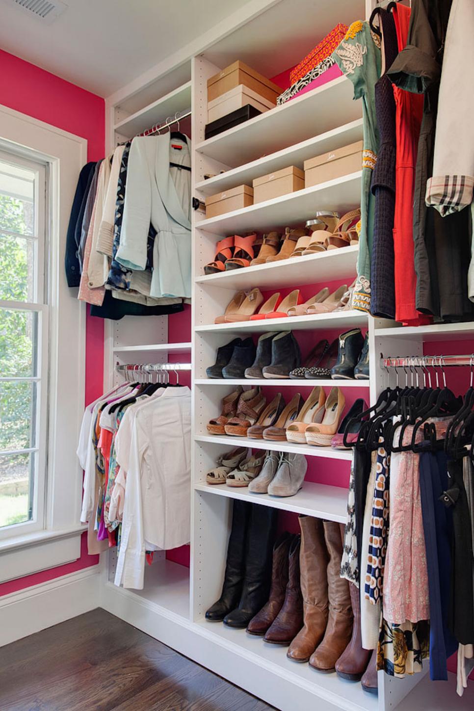 Pink and White Walk-In Closet With Shoes Pink and White Walk-In Closet