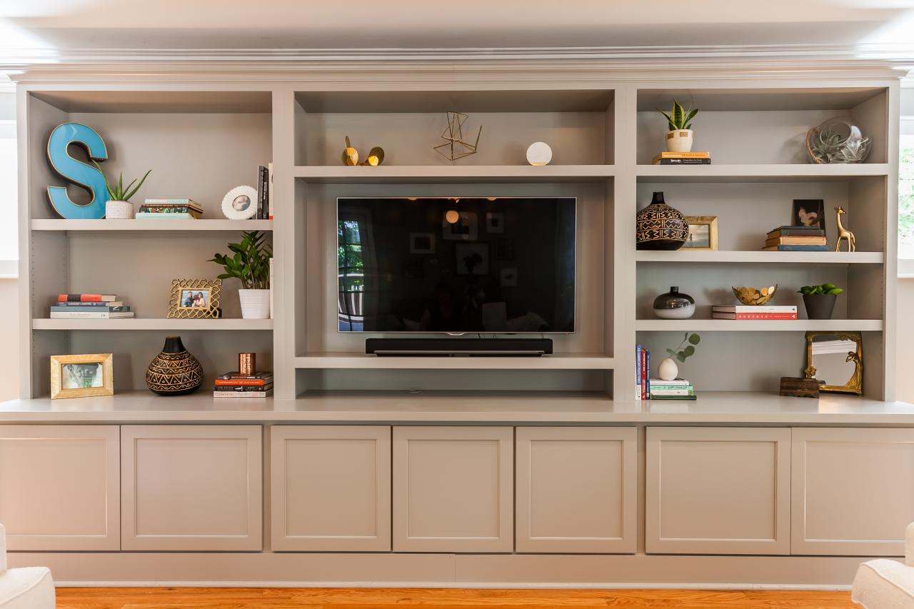 Neutral Built-In Entertainment Center With Open Shelving | HGTV