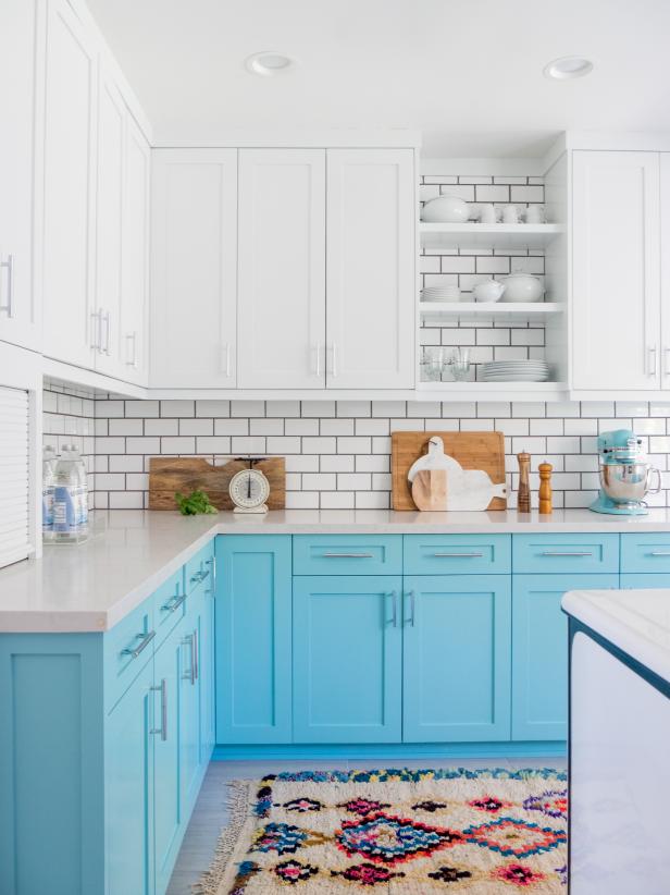Blue and White Kitchen With Colorful Rug Blue and White Kitchen With Colorful Rug