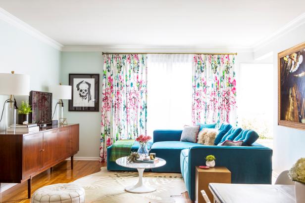 Blue Eclectic Living Room With Floral Curtains