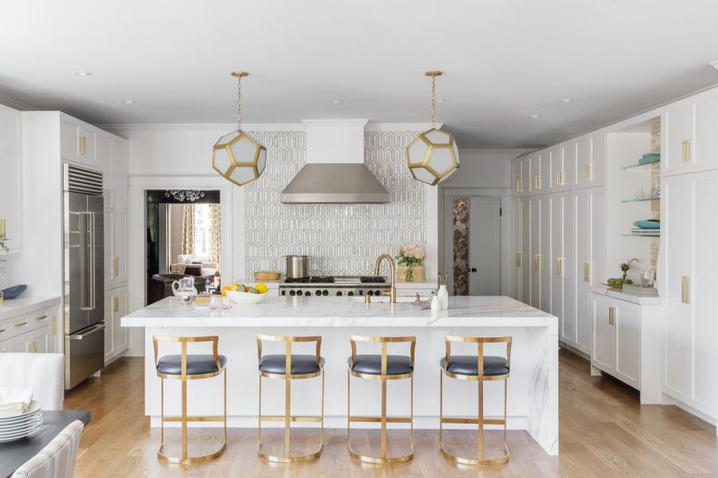 Transitional, White Kitchen With Large Island