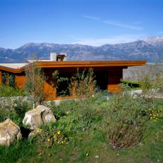 Mountain View Cedar Home Exterior With Butterfly Roof and Wild Foliage Yard 