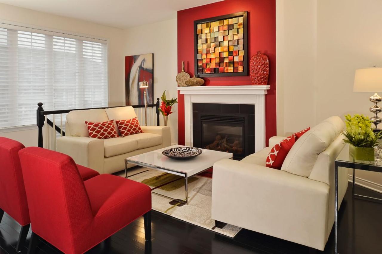 Neutral Living Room With Bold Red Accents HGTV