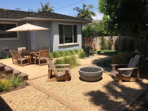 Gravel Patio With Fire Pit and Adirondack Chairs Gravel Patio With Fire Pit and Adirondack Chairs