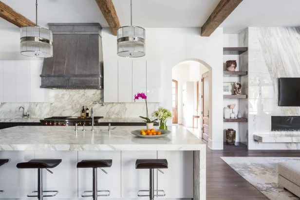 Waterfall Countertop Kitchen Island With Black Barstools