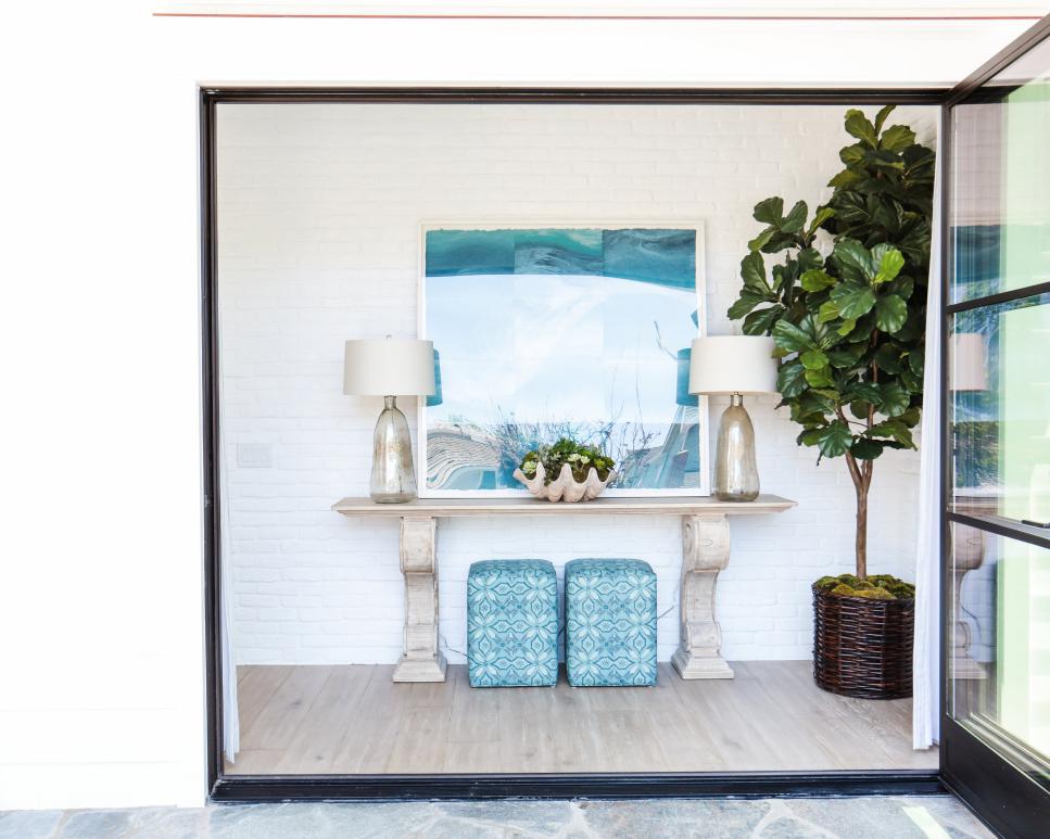 Blue and White Foyer Through Open Door Blue and White Coastal Foyer