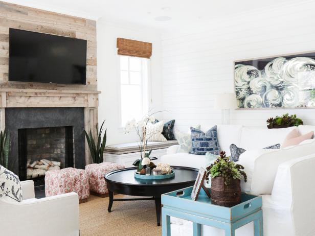 White Country Living Room With Blue End Table